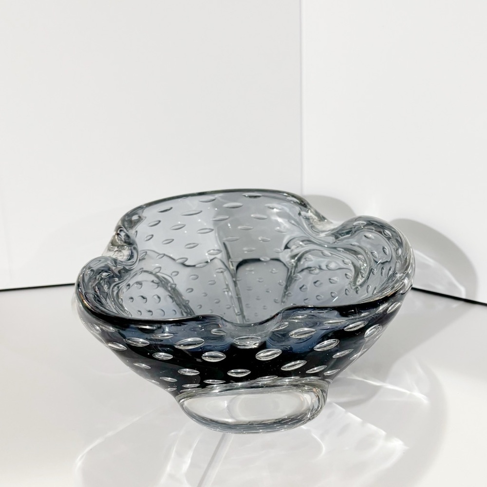 Vtg. Murano Controlled Bubble Art Glass Bowl Dish Bullicante Ruffled blue Clear